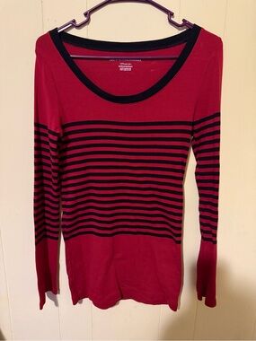 Norma Kamali Red and Black Striped Long-Sleeve Scoop Neck Tunic Top